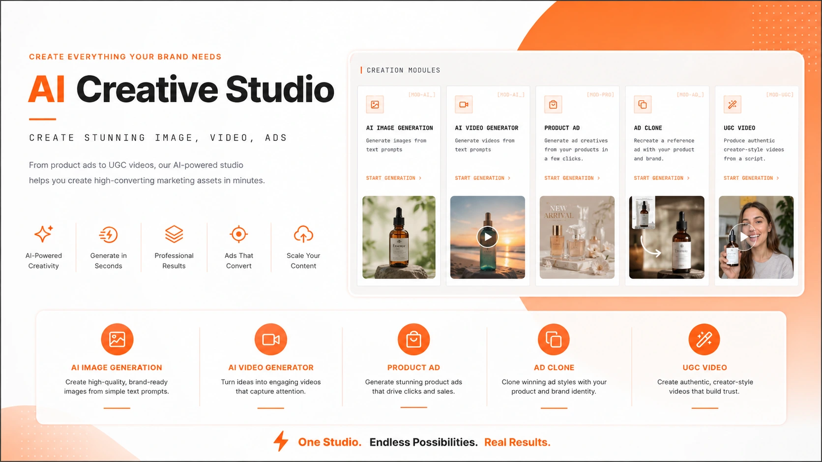 AI Creative Studio: Create Professional Product Creatives, Ads, Videos & Marketing Assets Faster with AI